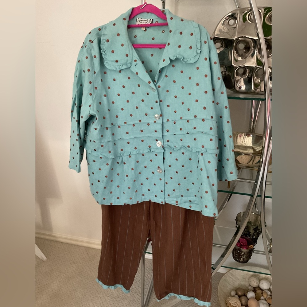 Cottage Clothing 2 piece pant set in linen. Embroidered dots on top.